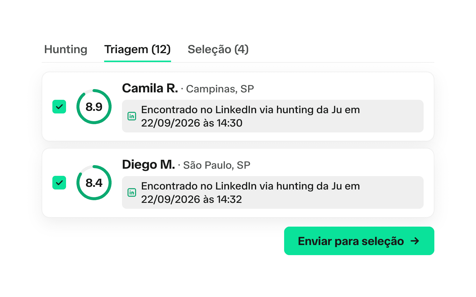 Triagem de uma vaga no abler ATS: dois candidatos encontrados no LinkedIn pelo hunting da Ju, com as notas de aderência 8.9 e 8.4, prontos para enviar para a seleção