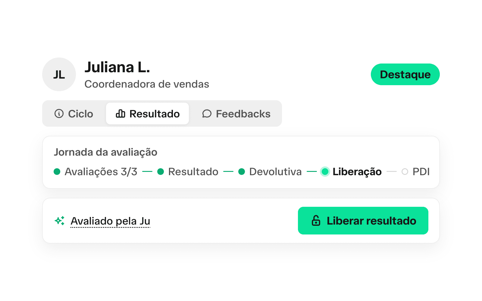 Ciclo de avaliação no abler BP: a jornada da Juliana na etapa de liberação, com o resultado avaliado pela Ju e o botão Liberar resultado