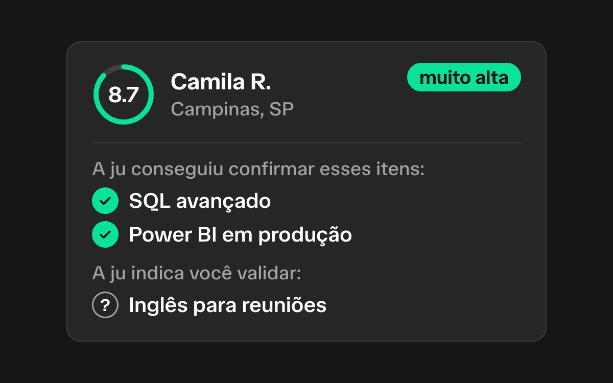 Matching da ju no abler ATS: candidata com aderência 8.7, os requisitos que a IA confirmou e o que ela indica validar
